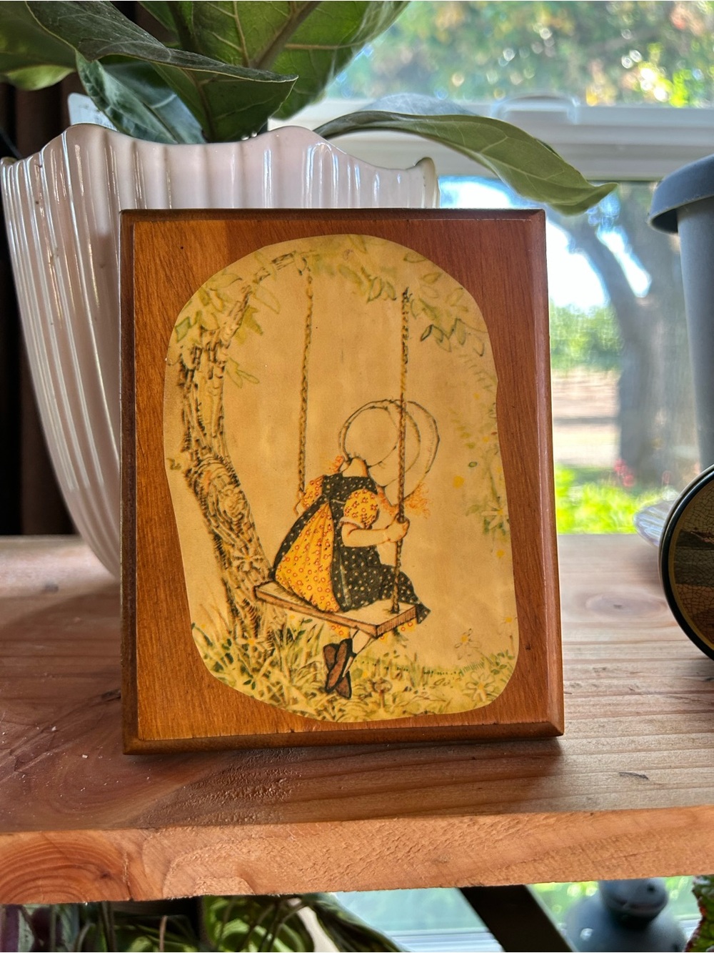 Vintage hollie hobby  Wooden Plaque with Girl on Swing Illustration
